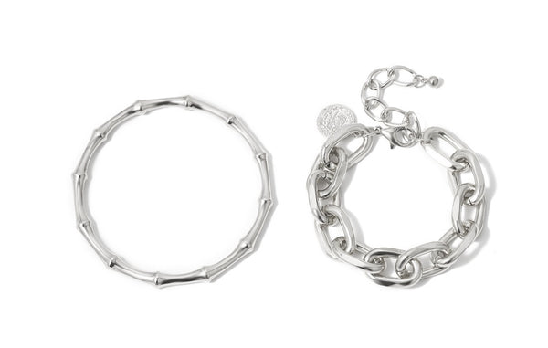 Silver Bamboo and Chain Bracelet Set