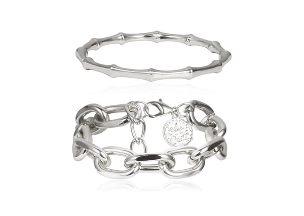 Silver Bamboo and Chain Bracelet Set