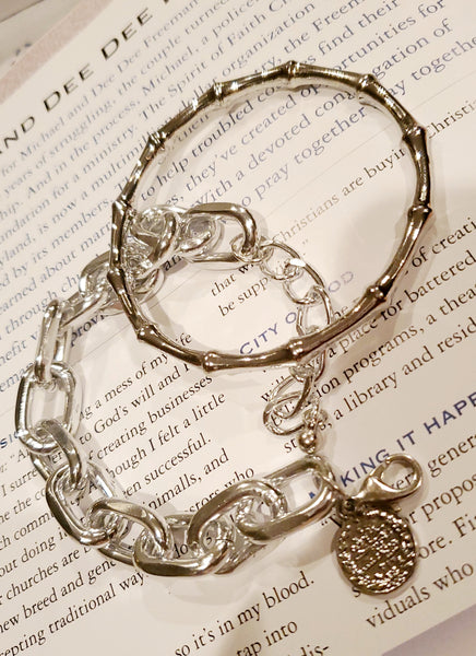 Silver Bamboo and Chain Bracelet Set