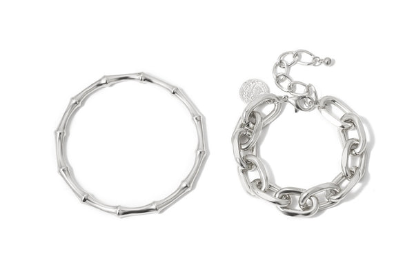 Silver Bamboo and Chain Bracelet Set